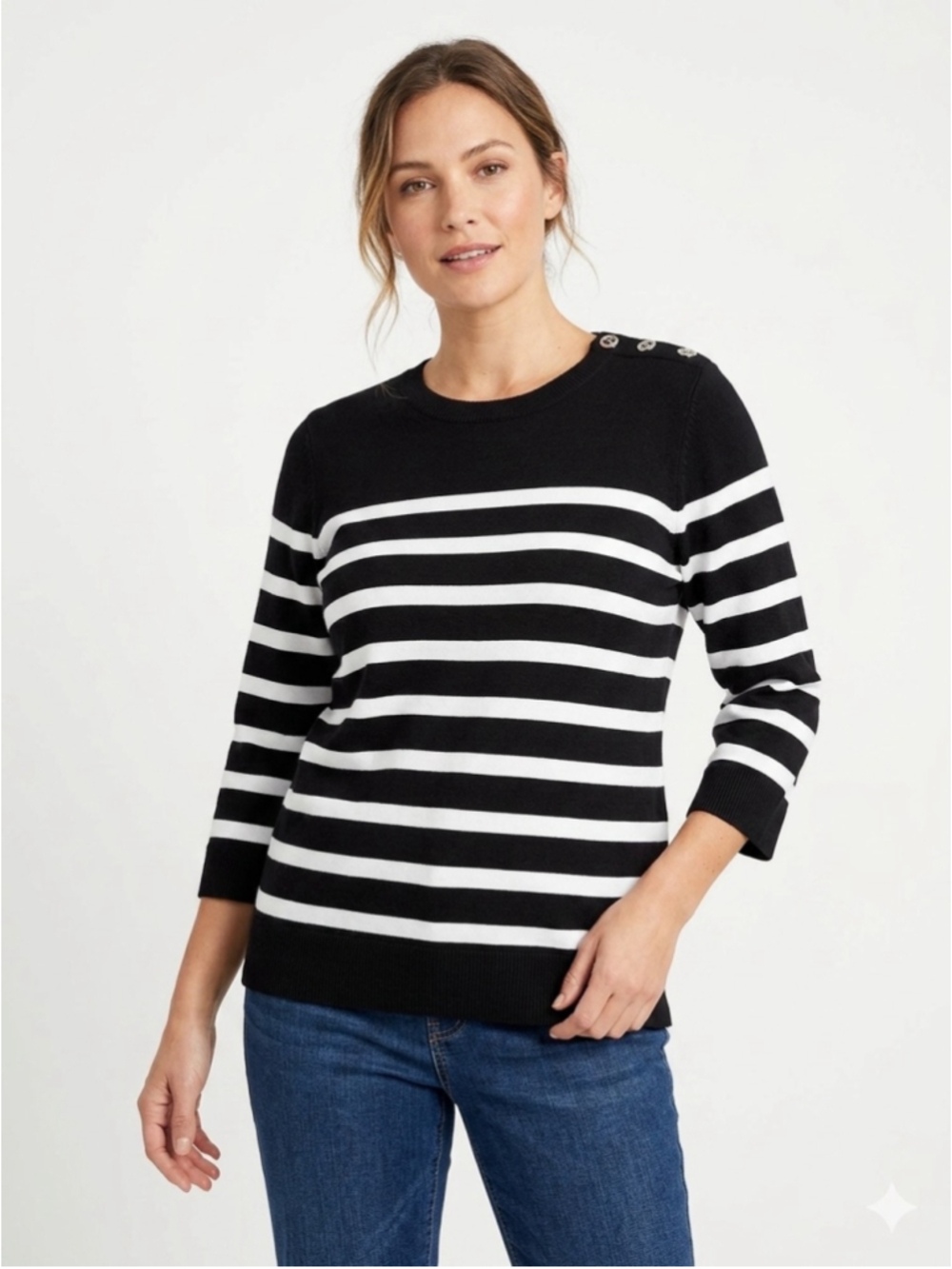 NWT Cable & Gauge Navy White Striped Scalloped Neck Button Detail Sweater L -667